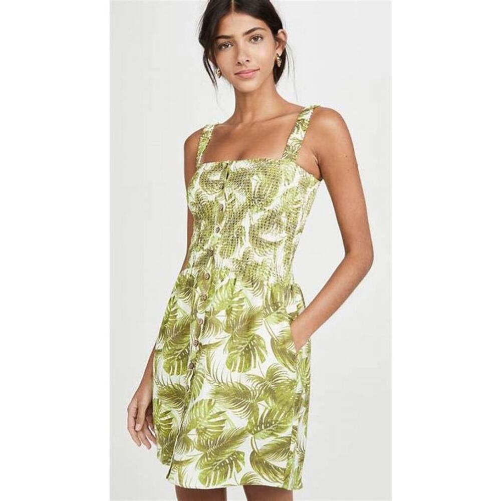 Chaser Boho Green Palm Leaf Smocked Linen Mini Dress Size XS